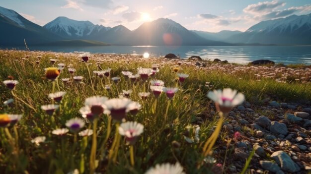 春の花畑と山の背景