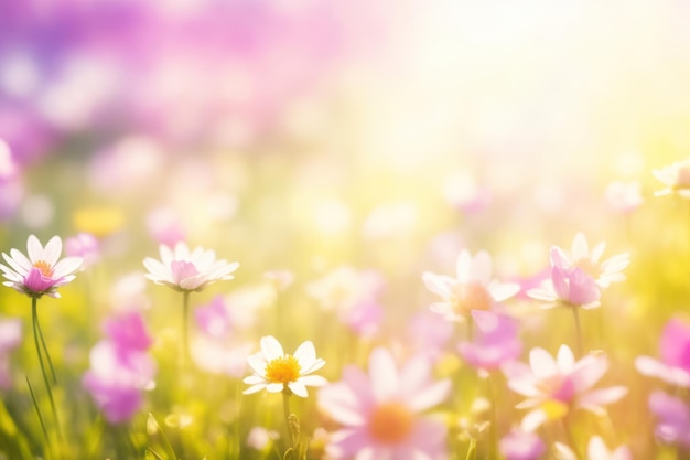 太陽光の春の背景にある花の畑