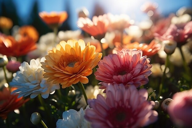 Flower field in sunlight spring or summer garden professional advertising photography