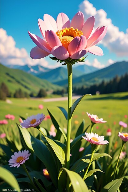 A flower in a field with mountains in the background