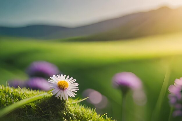 A flower in a field with mountains in the background