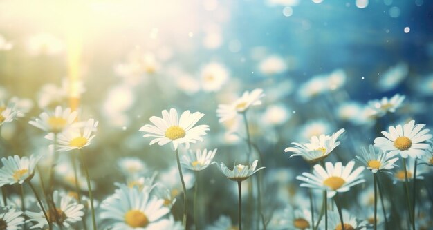 Photo a flower field with rain and beautiful white daisies