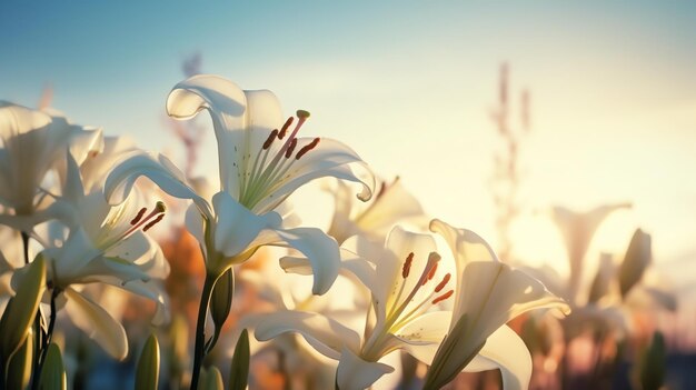 A flower field with a sunset in the background