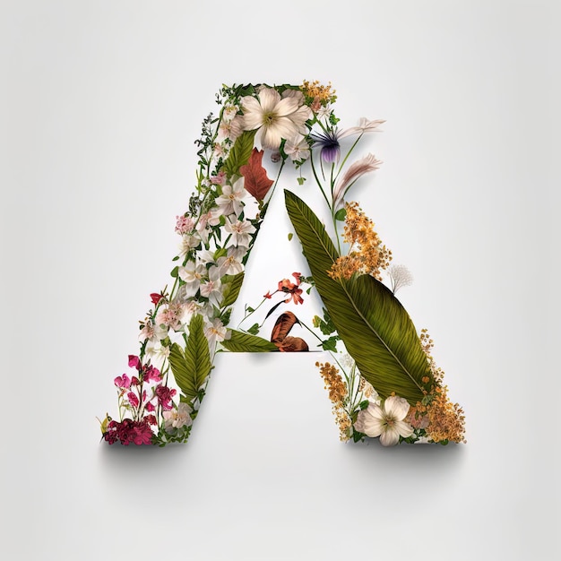 Flower font alphabet letter A made of Real alive flowers and Leafs