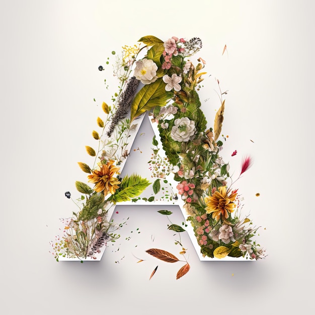 Алфавит цветочного шрифта буква A из настоящих живых цветов и листьев