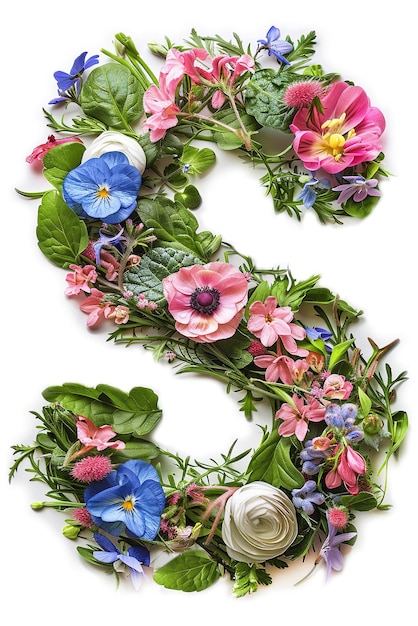 Фото Цветочный шрифт алфавит s из цветных цветочных букв на белом фоне