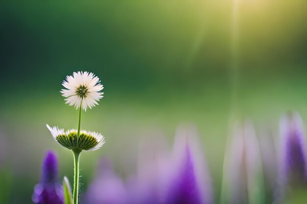 A flower in the foreground with the sun shining through the background