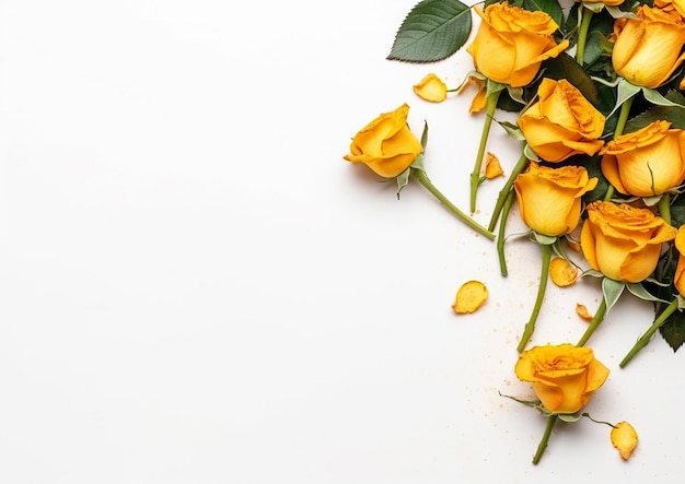 Flower frame corners made only using yellow roses and leaves on a white background