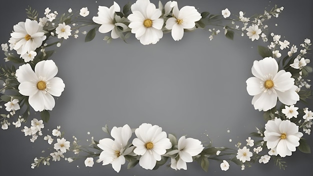 写真 灰色の背景に白いコスモスとジプソフィラの花のフレーム