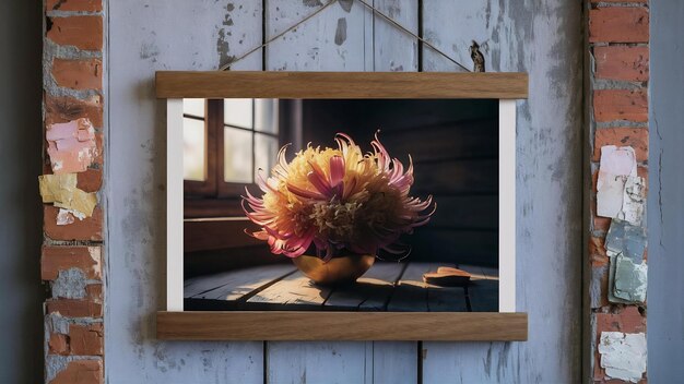 Photo flower and a frame on wooden wall