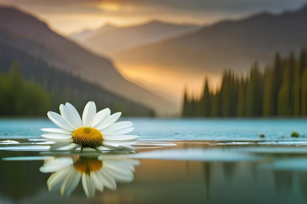 Photo a flower in front of a mountain lake.