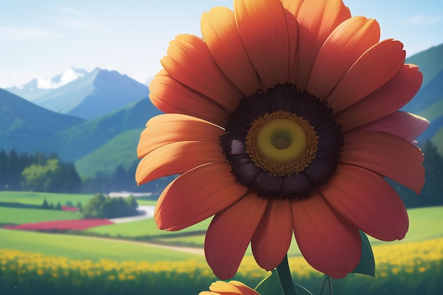 A flower in front of a mountain landscape