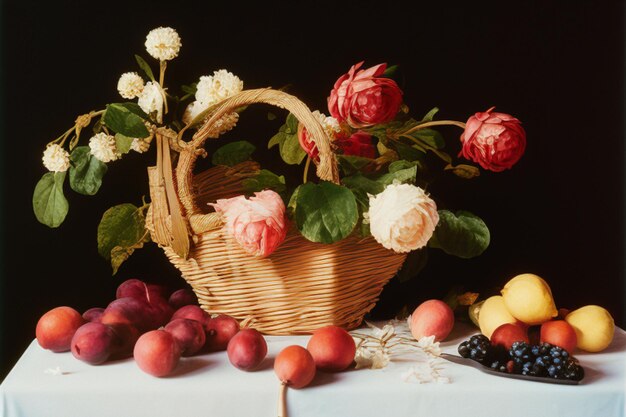 さまざまな果物が入った花と果物のバスケット