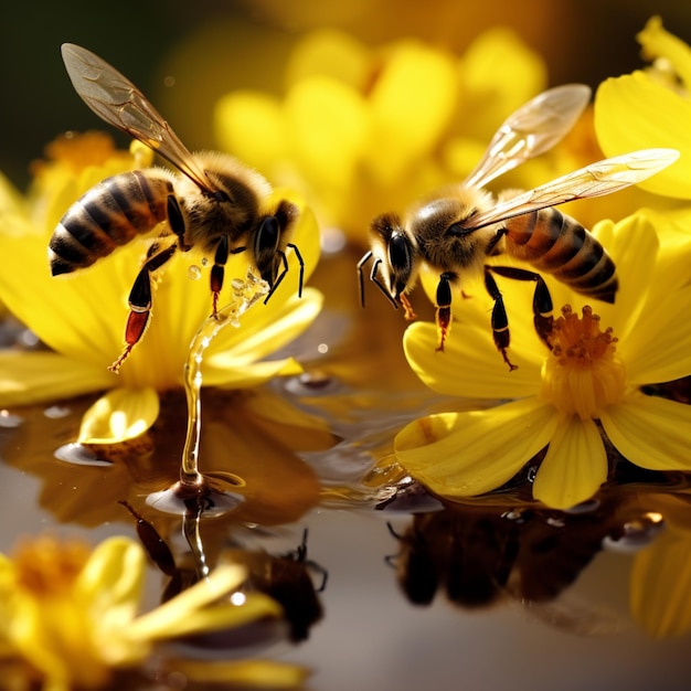 Flower garden bees fly drinking honey image generative ai