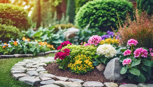 дизайн цветочного сада с многоцветными цветами, создавая визуально ошеломляющий и гармоничный ландшафт