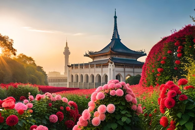 Photo a flower garden in front of a mosque