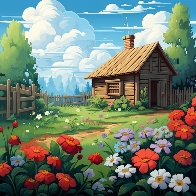 flower garden and hut cartoon beautiful scenery