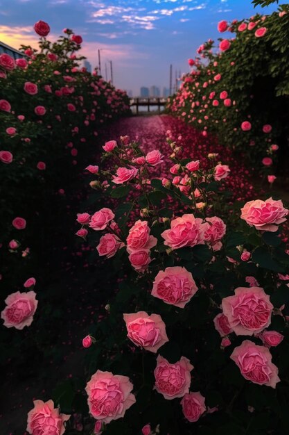 a flower garden with a bridge in the background