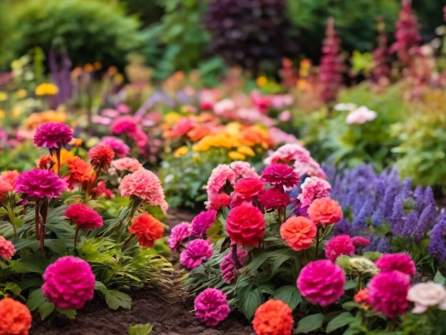 a flower garden with a bunch of flowers in the foreground