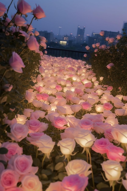 A flower garden with a city in the background