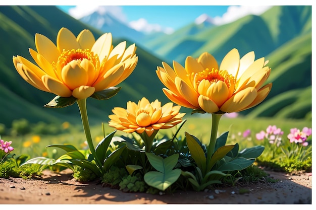 A flower garden with mountains in the background