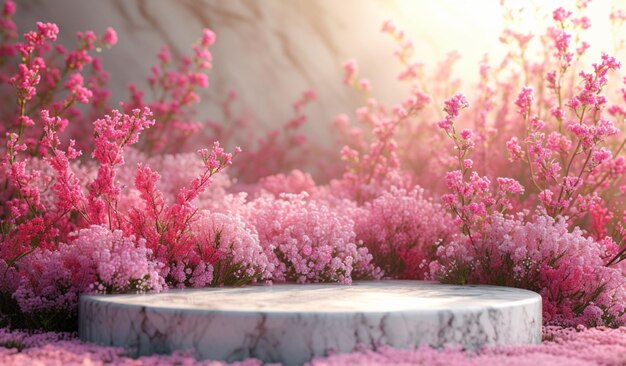 A flower garden with pink flowers and a white marble pedestal Generative AI