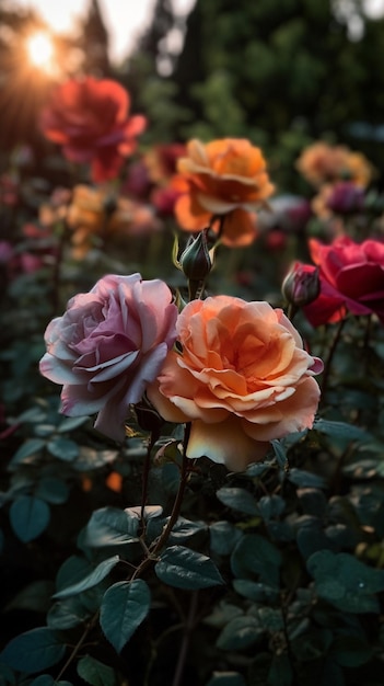 Цветник с розовой розой посередине