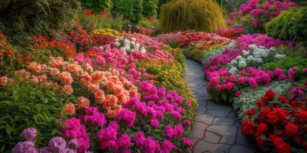 A flower garden with a stone path and a tree in the background.