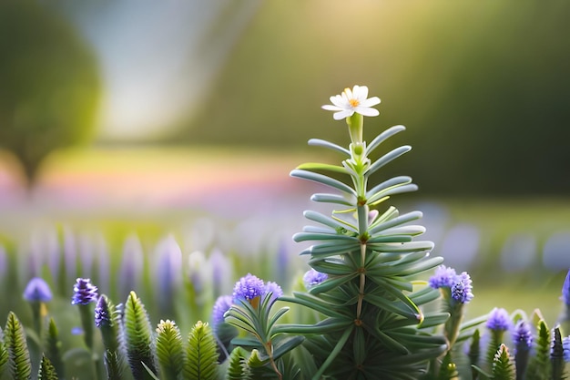 a flower in a garden with a white flower in the background.