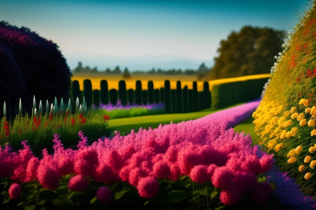 A flower garden with a yellow flower in the middle