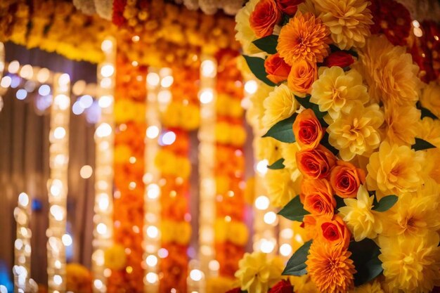 Photo a flower garland with orange flowers adorn the front of a building