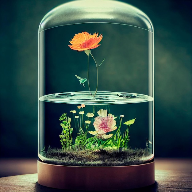 A flower in a glass incubator which