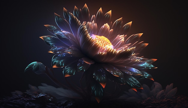 Цветок, светящийся в темноте, сияющая фотография AI Generated Photo