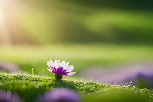 A flower in the grass with the sun behind it