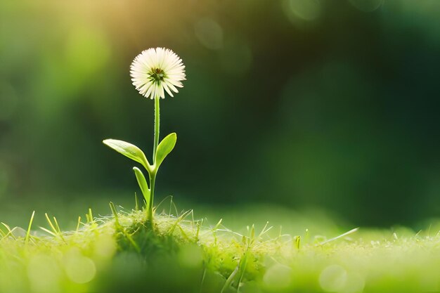 a flower in the grass with the sun behind it