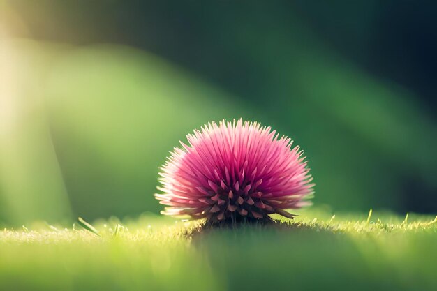 a flower in the grass with the sun behind it