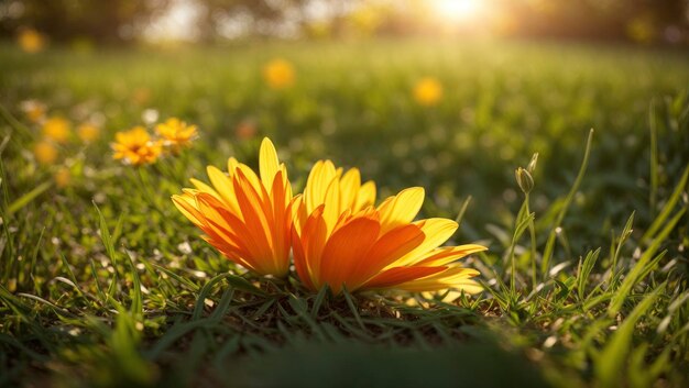 A flower in the grass with the sun behind it