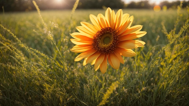 A flower in the grass with the sun behind it