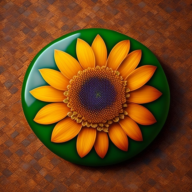 A flower on a green plate is in the center of the picture.