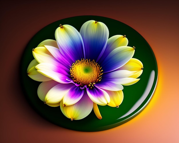 A flower on a green plate is shown with a yellow and purple flower.