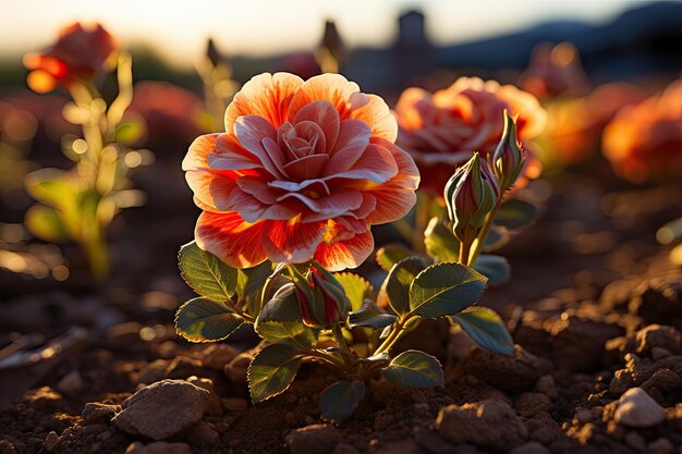 Photo a flower in the ground with rocks and dirt on the ground to the right there is a blury sky in the background