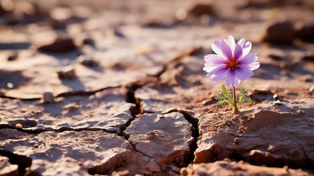 flower growing in the desert on a cracked ground