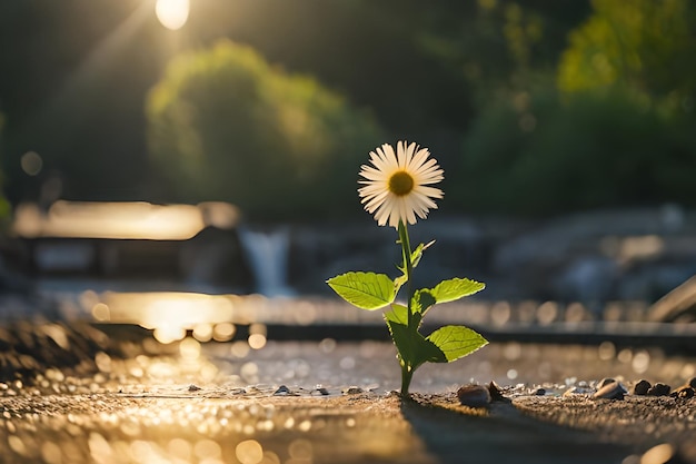 A flower growing in a puddle with the sun shining on it