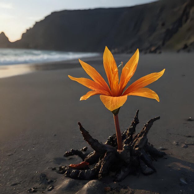 a flower growing in the sand on a beach