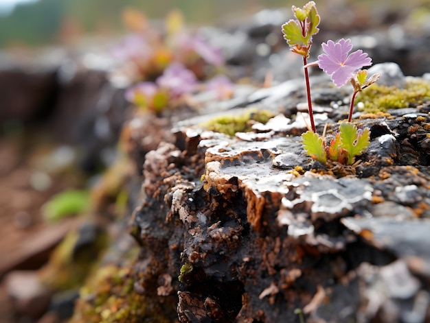 Photo a flower grows through a rock