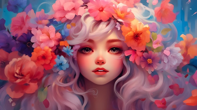 Flower hair Flowers head Flowers on hair anime girl anime woman big eyes