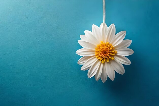 A flower hanging from a string with a blue background