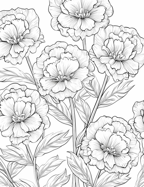 Flower Haven Coloring Book Page with Isolated Tulip Blooms and Striking Black