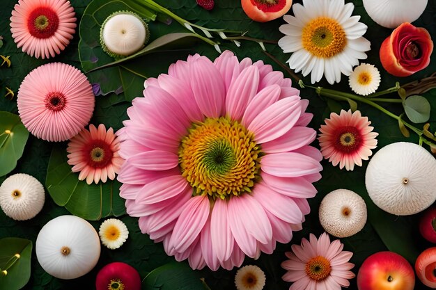 A flower head with a green center and a yellow center