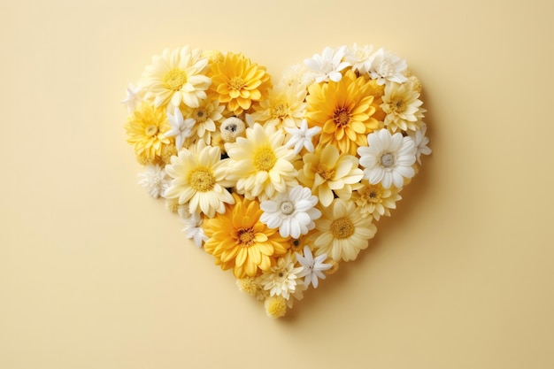꽃 하트 모양 옅은 노란색 배경 어머니의 날 여성의 날 발렌타인 데이 생성 AI